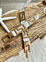 Load image into Gallery viewer, lusciousscarves White Slim Super Stretchy Geo Design Belt , Gold Hardware .
