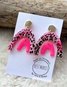lusciousscarves Wild Child Neon Pink and Animal Print Dangle Drop Earrings, Handmade in Cornwall