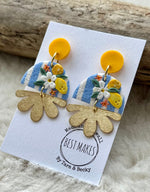 Load image into Gallery viewer, lusciousscarves Yellow Sunshine, Blue Stripy Floral Drop Design Earrings, Handmade in Cornwall
