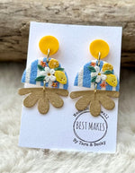 Load image into Gallery viewer, lusciousscarves Yellow Sunshine, Blue Stripy Floral Drop Design Earrings, Handmade in Cornwall
