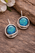 Load image into Gallery viewer, Miss Milly Earrings Miss Milly Iridescent Blue Green Resin Round Stud Earrings Silver Tone Design
