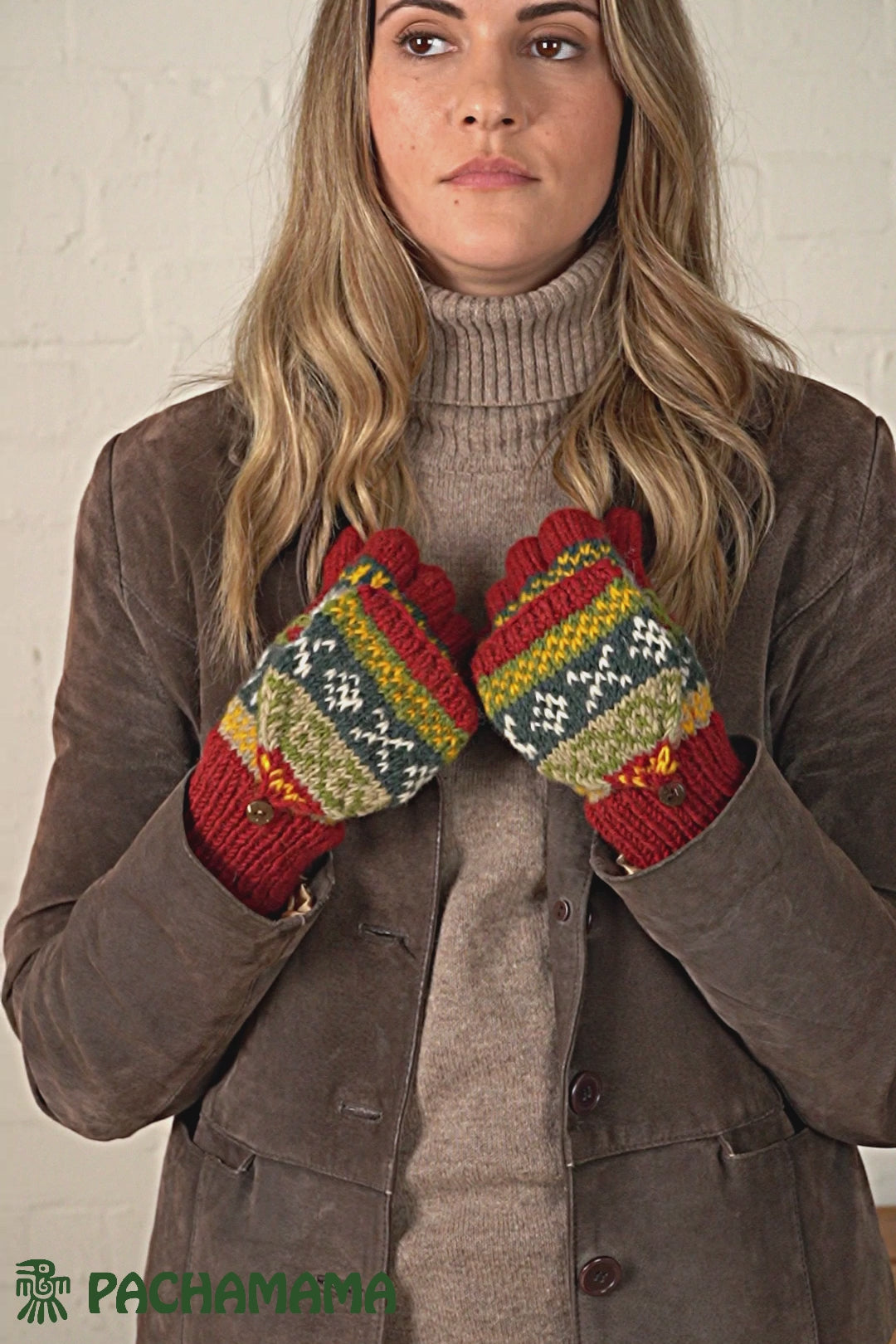 Pachamama Ladies Classic Fairisle Glove Mitts, Rust Red , Handknitted , Fairtrade