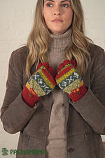 Load and play video in Gallery viewer, Pachamama Ladies Classic Fairisle Glove Mitts, Rust Red , Handknitted , Fairtrade

