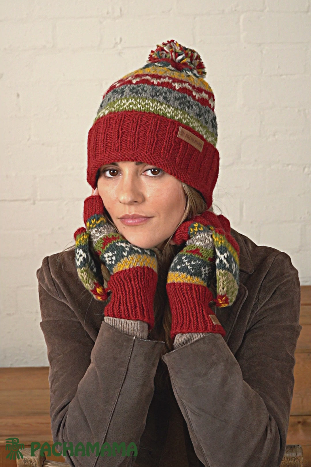 Pachamama Ladies Classic Fairisle Glove Mitts, Rust Red , Handknitted , Fairtrade