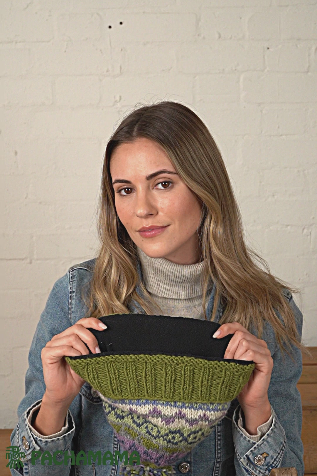 Pachamama Classic Fair Isle (previously named Finisterre ) Roll  Back Bobble Beanie , Womens Handknitted Olive Green .