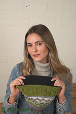 Load and play video in Gallery viewer, Pachamama Classic Fair Isle (previously named Finisterre ) Roll  Back Bobble Beanie , Womens Handknitted Olive Green .
