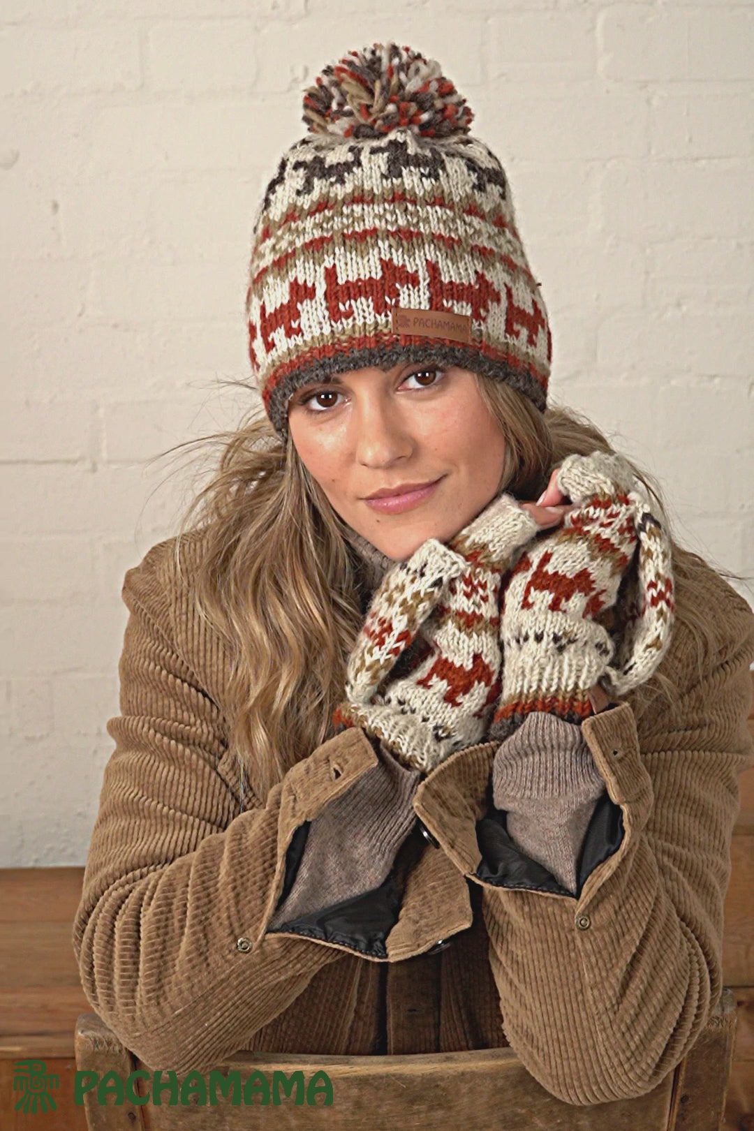 Pachamama Women's Wool Beanie Bobble Hat Fleece Lined Hand