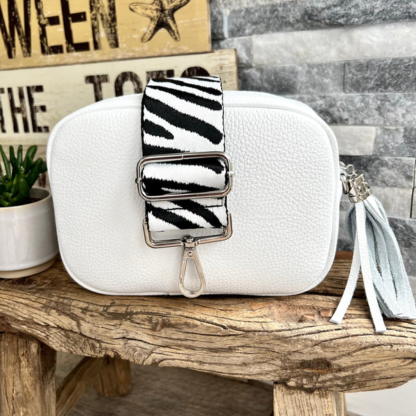 White Italian leather camera style crossbody bag with wide strap combo luscious scarves