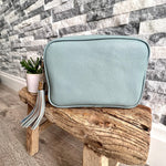 Load image into Gallery viewer, lusciousscarves Handbags Dusky Blue Vegan Faux leather tassel camera style crossbody bag
