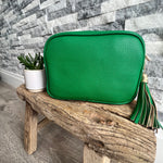 Load image into Gallery viewer, lusciousscarves Handbags Emerald Green Vegan Faux leather tassel camera style crossbody bag
