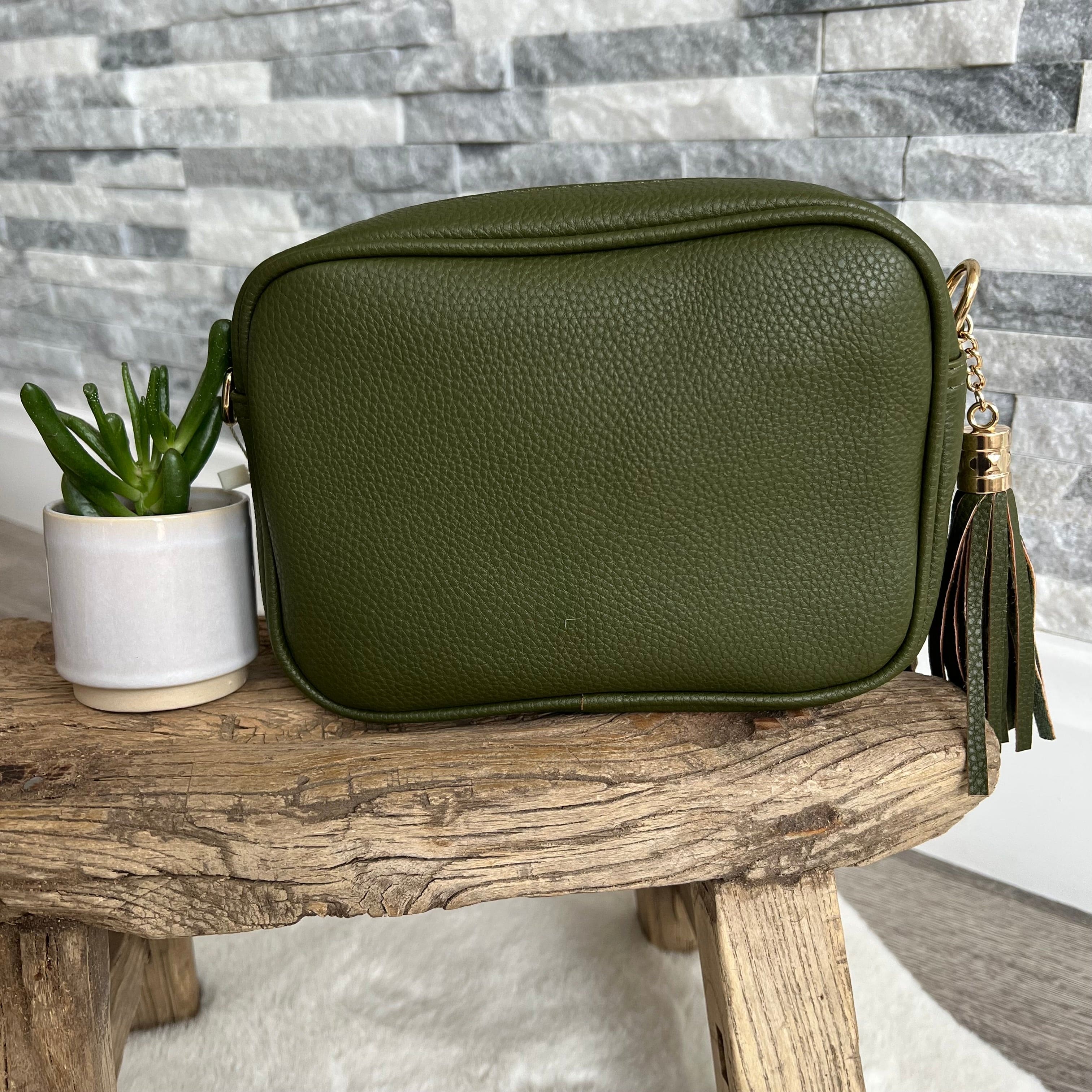 lusciousscarves Handbags Khaki Vegan Faux leather tassel camera style crossbody bag