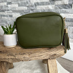 Load image into Gallery viewer, lusciousscarves Handbags Khaki Vegan Faux leather tassel camera style crossbody bag
