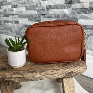 lusciousscarves Handbags Tan Vegan Faux leather tassel camera style crossbody bag