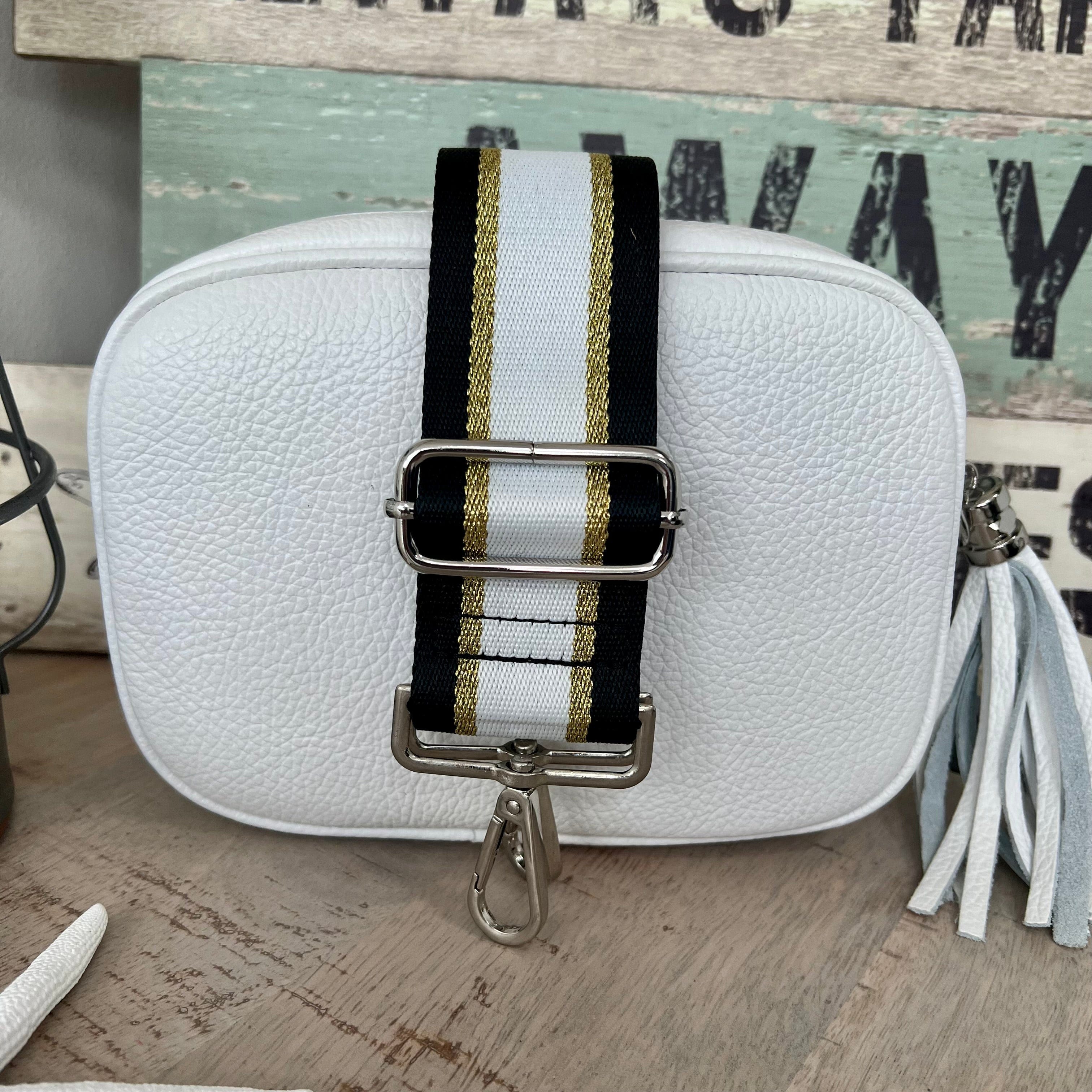 lusciousscarves Handbags White Italian leather camera style bag with a wide woven strap