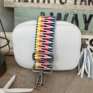 lusciousscarves Handbags White Italian leather camera style bag with a wide woven strap combo