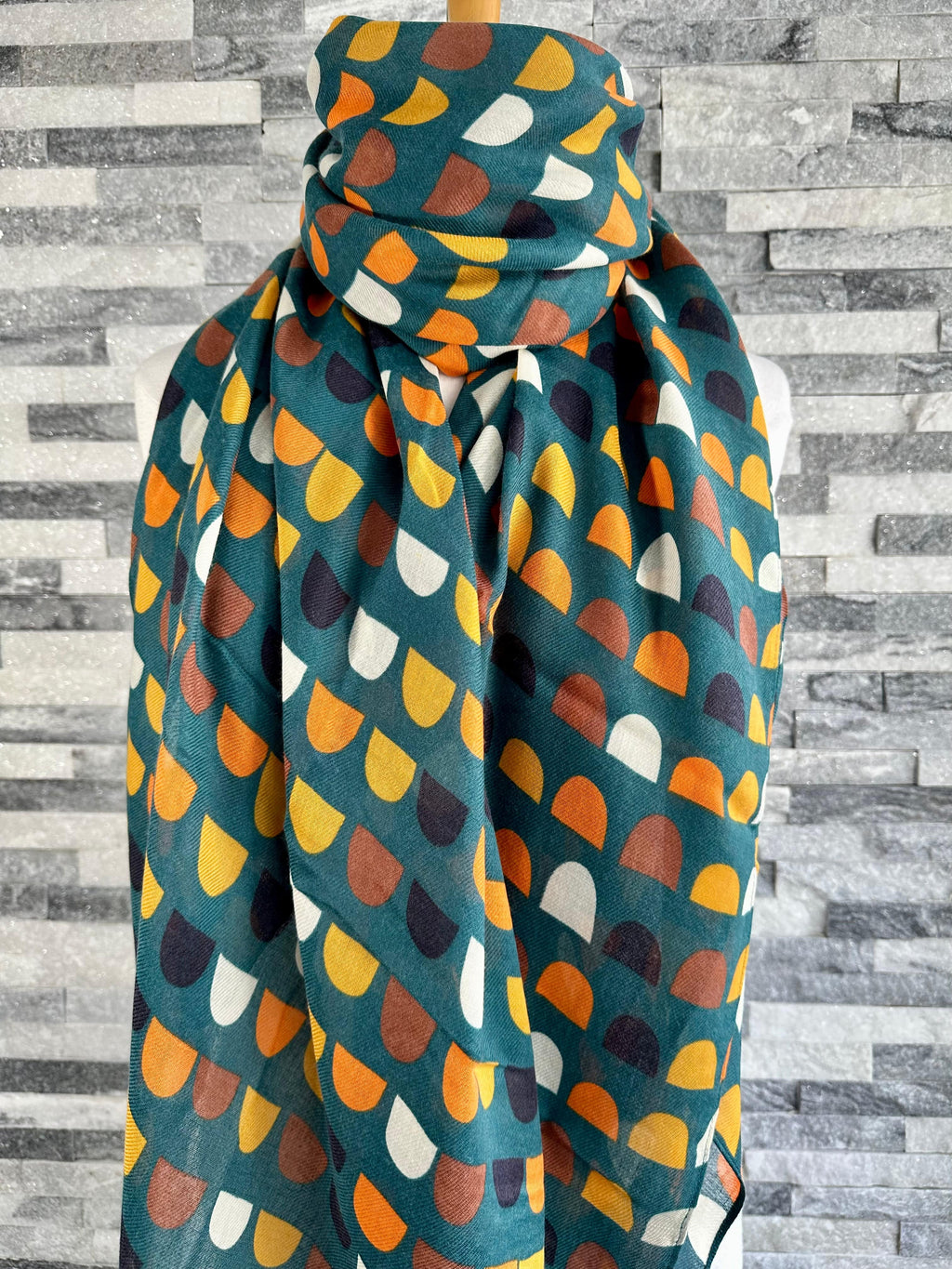 lusciousscarves Scarf Teal Green Scarf with Orange, Black, Brown and Mustard Shapes.