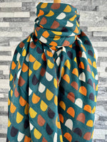 Load image into Gallery viewer, lusciousscarves Scarf Teal Green Scarf with Orange, Black, Brown and Mustard Shapes.
