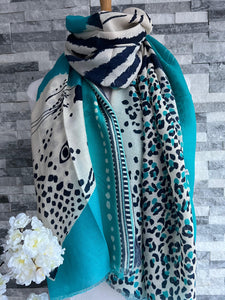 Teal Leopard Print Cashmere and Silk Wrap