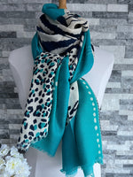 Load image into Gallery viewer, lusciousscarves Scarves Turquoise Tiger &amp; Leopard Animal Print Scarf.
