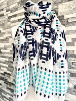 Load image into Gallery viewer, lusciousscarves Scarves White, Navy and Turquoise lightweight scarf
