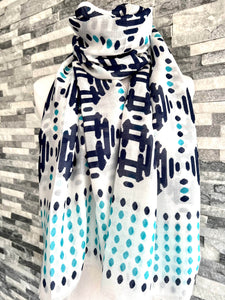 lusciousscarves Scarves White, Navy and Turquoise lightweight scarf
