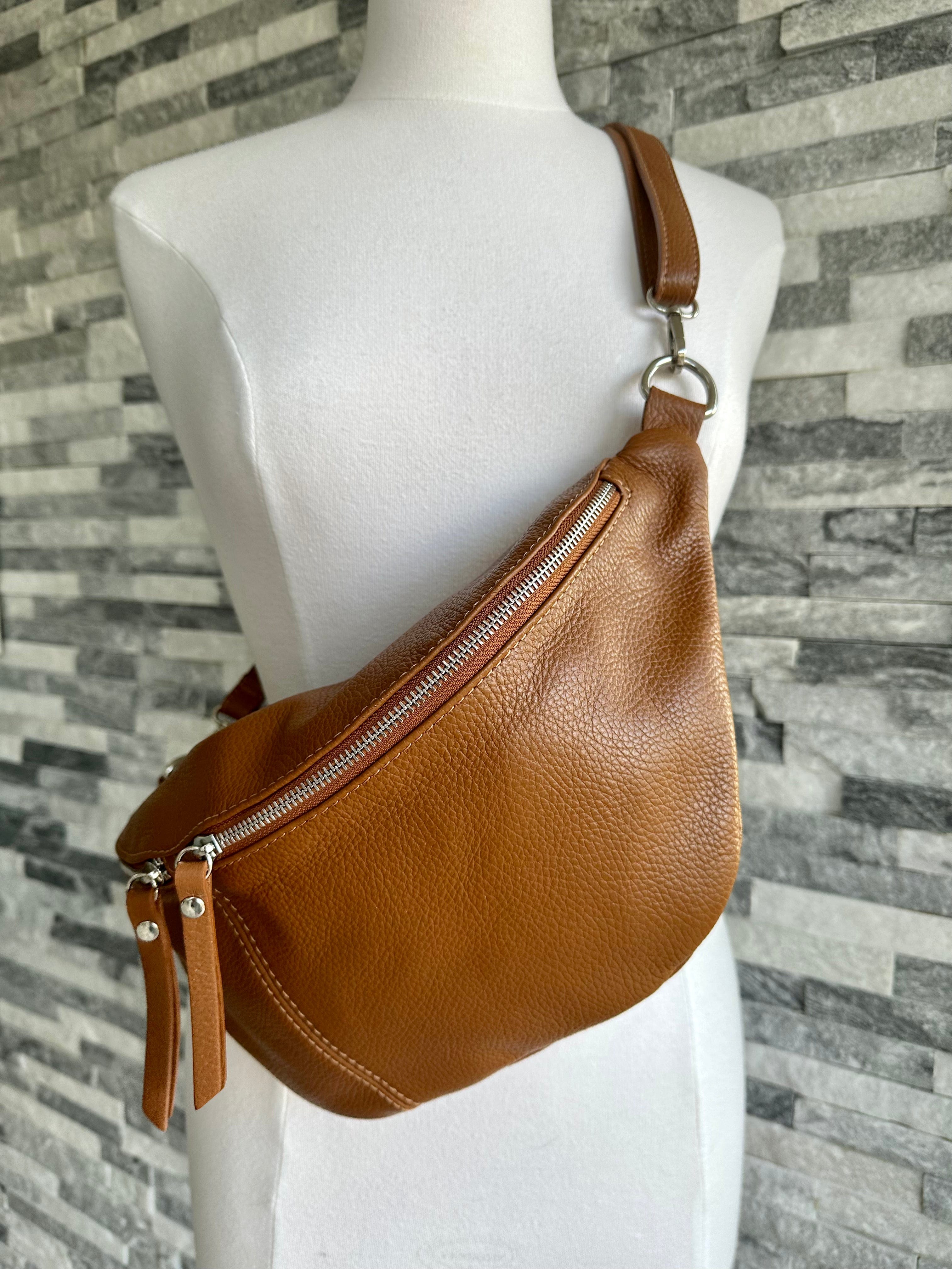lusciousscarves Tan Brown Italian Leather Sling Bag / Chest Bag.