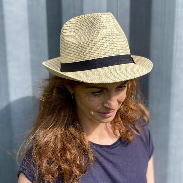 lusciousscarves Unisex Trilby Style Sun Hat with Black Band , Rollable and Packable.